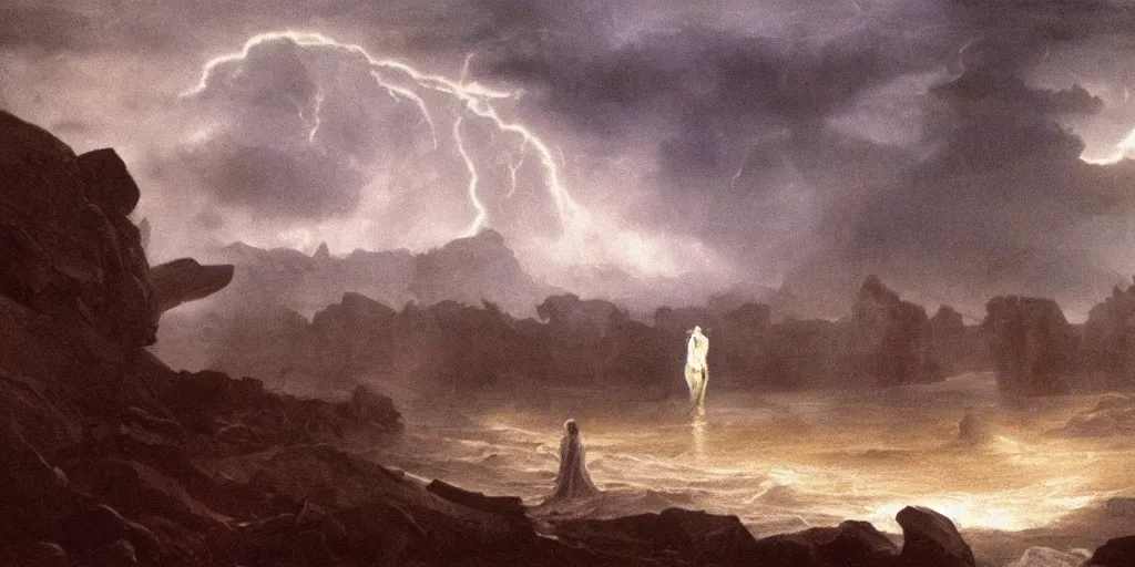 Image similar to eerie, greek fantasy landscape, styx the river of the dead, a giant smiling translucent shining ghost figure in the stormy clouds, stanley kubrick movie frame