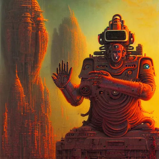 Prompt: six - handed shiva, cybertronic gadgets and vr helmet, durty colours, rotten textures, rusty shapes, biotechnology, bao pnan, tim hildebrandt, wayne barlow, bruce pennington, donato giancola, larry elmore, oil on canvas, masterpiece, featured on pixiv, cinematic composition, hyper - detailed, hd, hdr, 4 k, 8 k