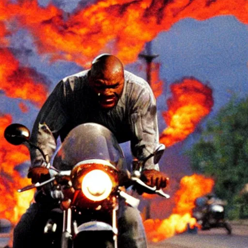 Image similar to mike tyson riding a motorcycle, explosion in the background