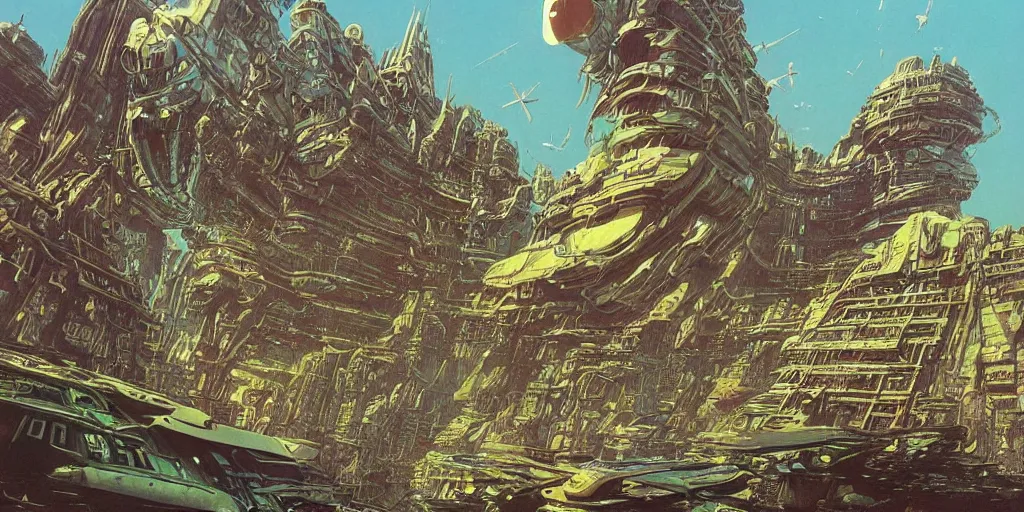 Prompt: wide angle photo view of a giant futuristic space station crashed on a jungle desert river planet with many birds flying, cyberpunk art by Moebius, retrofuturism, matte painting
