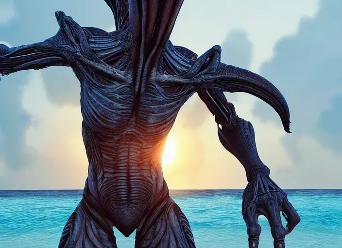 Image similar to symmetrical - face!!! a xenomorph alien relaxing on a beach in jamaica, cinematic lighting, sunset, 8 k - resolution!!, hyperrealism, national geographic, award winning, artstation, unreal engine 5, octane, redshift