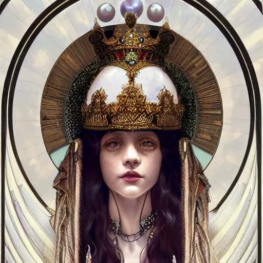 Image similar to a realistic symmetrical queen with a decorated dress made of white pearls , highly detailed, digital painting, Trending on artstation , HD quality, by artgerm and greg rutkowski and alphonse mucha, dramatic light, octane