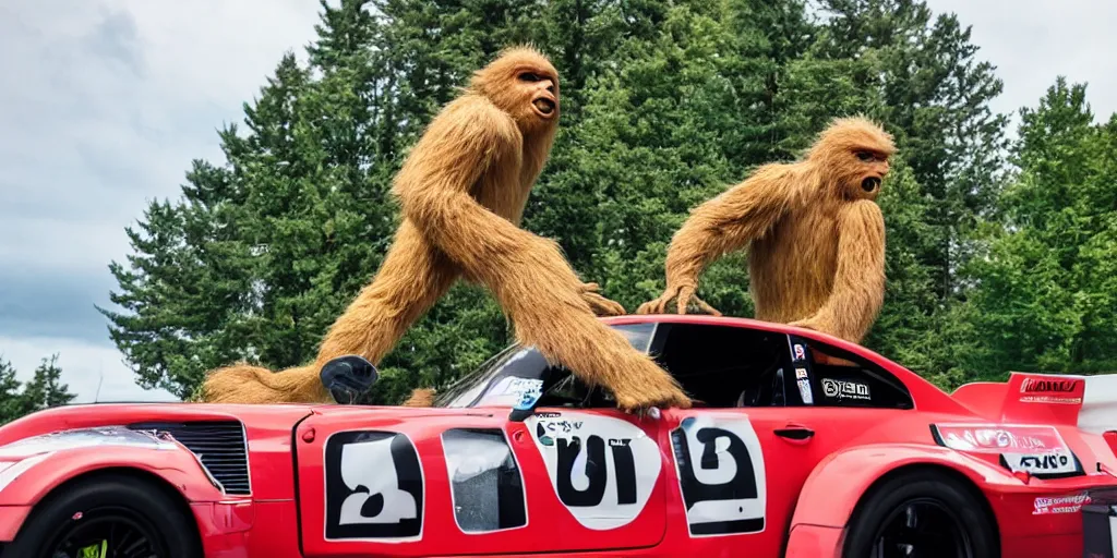 Image similar to sasquatch hanging out the window of a bmw race car