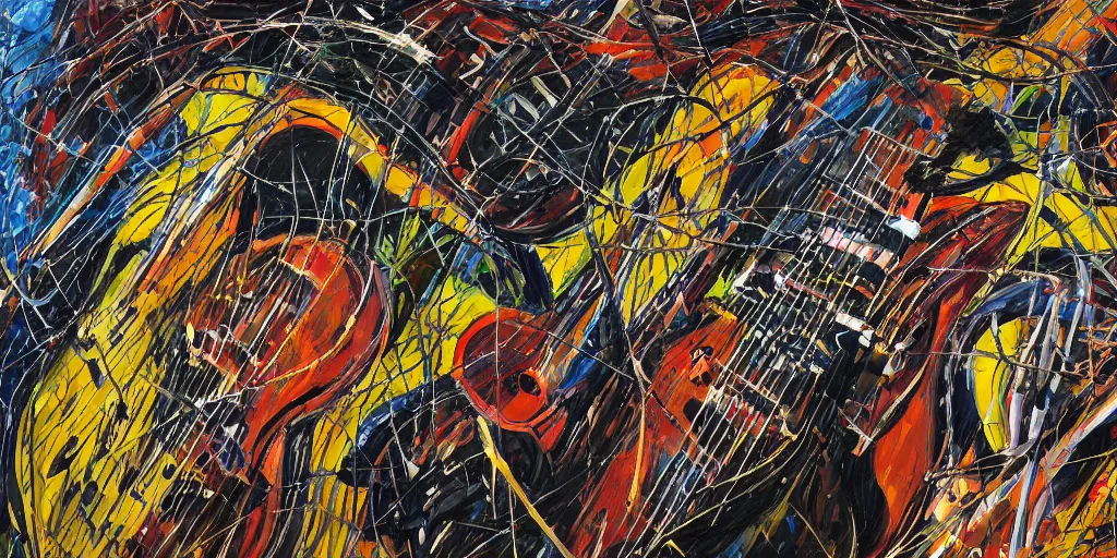 Image similar to an ultra detailed oil painting where the strings section of a symphony is interpreted by applied paint strokes, hyper - detailed, structured, grid, sheet music, pops of triadic colors, jackson pollock, pierre soulages