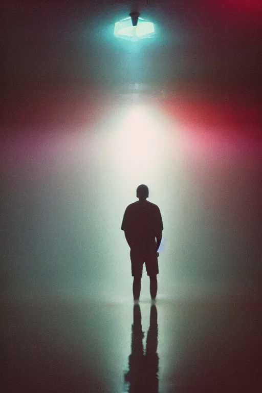 Image similar to agfa vista 4 0 0 photograph of a guy standing in a school hallway flooded with water, synth vibe, vaporwave colors, lens flare, moody lighting, moody vibe, telephoto, 9 0 s vibe, blurry background, grain, tranquil, calm, faded!,