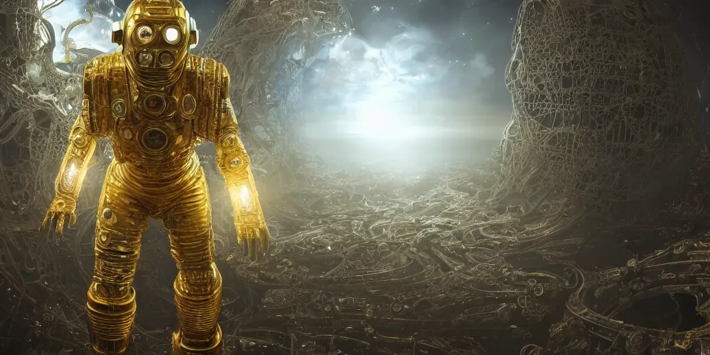 Prompt: a photo of 8k ultra realistic corrupted lovecraftian golden cyberman standing next to a spaceship window overlooking earth, 8 intricate white and gold tentacles, ornate white and gold armour, cinematic lighting, trending on artstation, 4k, hyperrealistic, focused, extreme details, unreal engine 5, cinematic, masterpiece