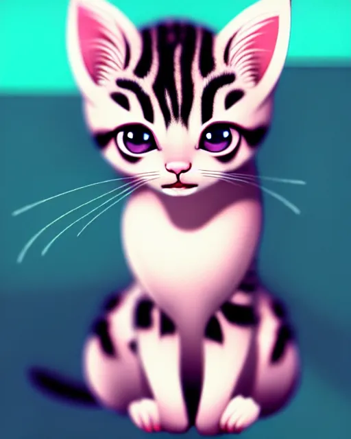 Prompt: hyper - realistic portrait of a very cute kitten, pink bow, big eyes, looking into the camera, gta v cover art, celshading, sharp focus, intricate, detailed, rhads, andreas rocha, makoto shinkai, lois van baarle, ilya kuvshinov, greg rutkowski, dynamic lighting, grunge aesthetic, 4 k