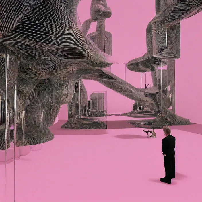 Image similar to hyperrealistic geometric objects in a surreal minimalistic 8 0's dreamscape environment by salvador dali, enormous chrome man, highly detailed, 3 d render, octane, beautiful lighting, photorealistic, intricate, elegant, wayne barlowe, water, mirrors, pink doorway, beautiful, masterpiece, trending on artstation, artgerm, checkered floor, palm tree