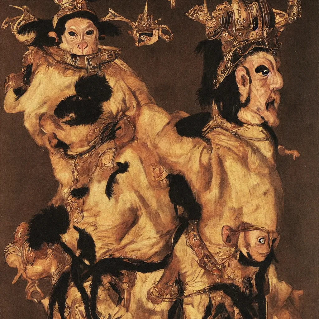 Image similar to portrait of a monkey king of, artwork by velazquez, wearing a donkey ears