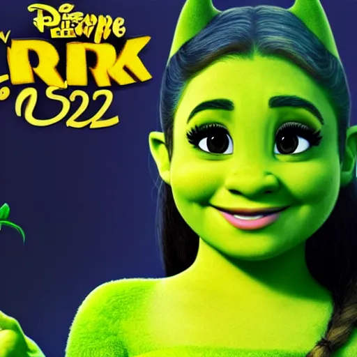 Image similar to a movie poster with ariana grande as shrek, coming out 2 0 2 4