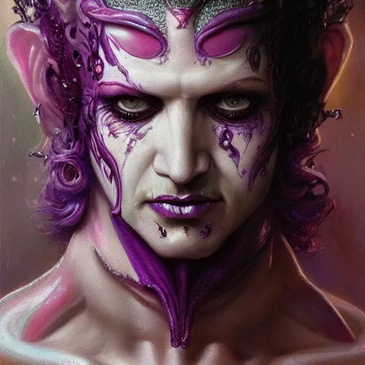 Image similar to closeup portrait shot of brian molko as slaanesh, the prince of pleasure, lord of excess, she who thirsts, desire, highly detailed, digital painting, artstation, concept art, soft focus, depth of field, artgerm, tomasz alen kopera, peter mohrbacher, donato giancola, wlop, boris vallejo