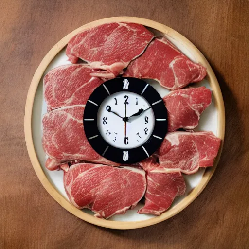 Prompt: A clock made of meat