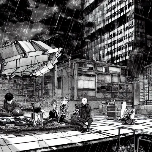 Prompt: high quality illustration of a rooftop picnic in an abandoned building in the style of ghost in the shell and blame and akira, manga, black and white, pencil, traditional art, anime, by katsuhiro otomo and tsutomu nihei and masamune shirow and studio ghilibi and yukito kishiro, highly detailed, sharp lines