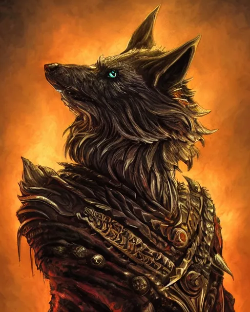 Prompt: Wolf, Anthropomorphized, as warlord general on skull throne, dark fur, evil, glowing eyes, magic the gathering artwork, D&D, fantasy, cinematic lighting, centered, symmetrical, highly detailed, digital painting, artstation, concept art, smooth, sharp focus, illustration, volumetric lighting, epic Composition, 8k, art by Akihiko Yoshida and Greg Rutkowski and Craig Mullins, heroic pose, oil painting, cgsociety, Battlefield background, explosions, arrows