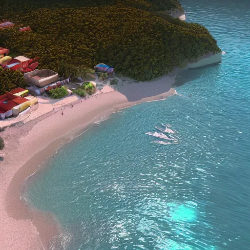 Image similar to utopian beach with small houses, women, naturist, boats, realistic, unreal engine, artstation, octane render.