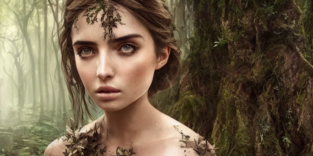 Image similar to a forest nymph in an ancient forest, ana de armas, flawless symmetrical pretty cute face, greg rutkowski, 8 k, shallow depth of field, intricate detail, concept art,