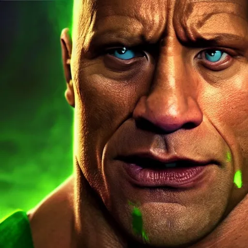 Prompt: dwayne johnson as incredible hulk, marvel cinematic universe, mcu, 4 k, raw, unedited, green skin, in - frame, cinematic lighting, photorealistic, octane render, 8 k, depth of field,