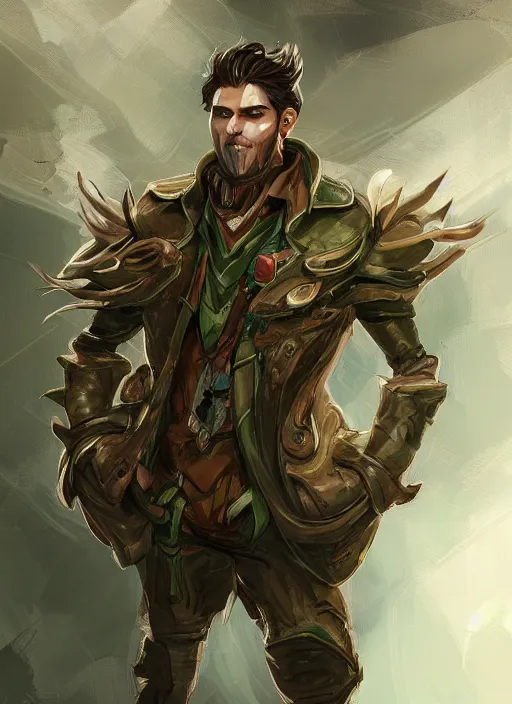 Image similar to a highly detailed illustration of thick wavy brown haired young white guy wearing brown trench coat and wearing green face mask, with many mechanical arms on his back, dramatic hands in pocket standing pose, intricate, elegant, highly detailed, centered, digital painting, artstation, concept art, smooth, sharp focus, league of legends concept art, WLOP