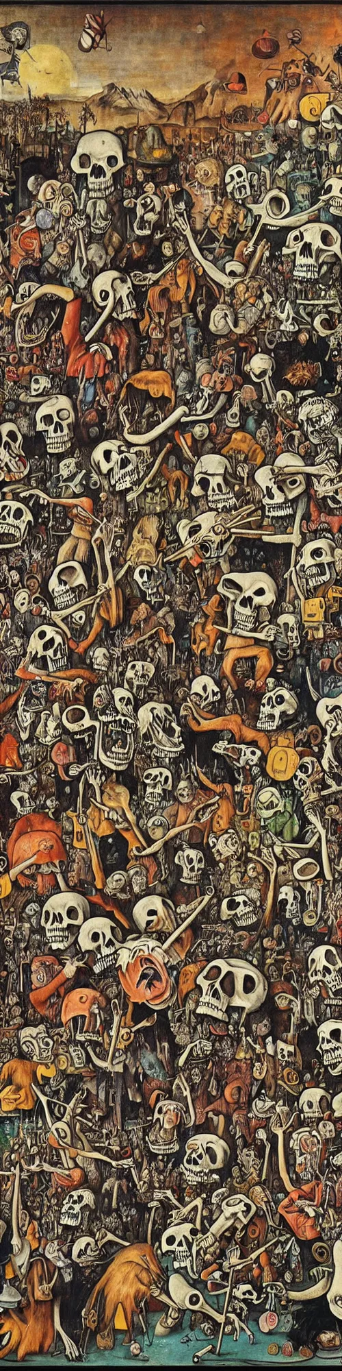 Image similar to epic mural of grizzly bear skeletons dancing, hieronymus bosch, victor moscoso, owsley, r crumb