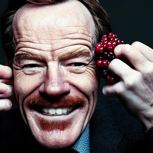 Prompt: closeup portrait of happy bryan cranston mouth filled with cranberies, submerged in cranberries, food photography, natural light, sharp, detailed face, magazine, press, photo, steve mccurry, david lazar, canon, nikon, focus