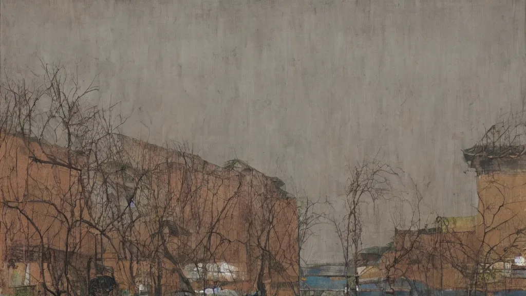 Image similar to a chinese prison near a river by peter doig, muted colors