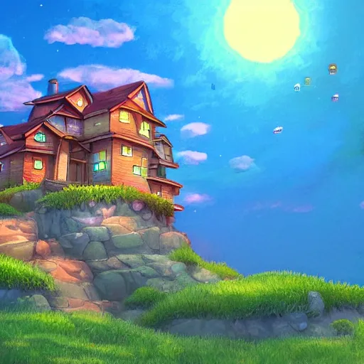 Prompt: beautiful 3 d painting of a colourful house on a hilltop at midnight with small fireflies flying around, in the style of studio ghibli, artstation, unreal engine