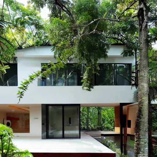 Prompt: a modern house in the jungle