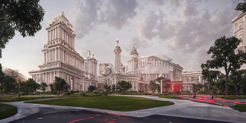 Prompt: 3d rendering of beautiful nature meets neoclassical and ultra modern architecture concept of a tall skyscraper, volumetric lighting, luxury, high detail, 14mm, mix of red and white marbles and granite structures, some marble statues can be seen, cinematic photography, cg architects, high resolution