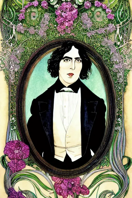 Image similar to realistic profile portrait of oscar wilde in the center of an ornate floral frame looking into a mirror, detailed art by kay nielsen and walter crane, illustration style, watercolor