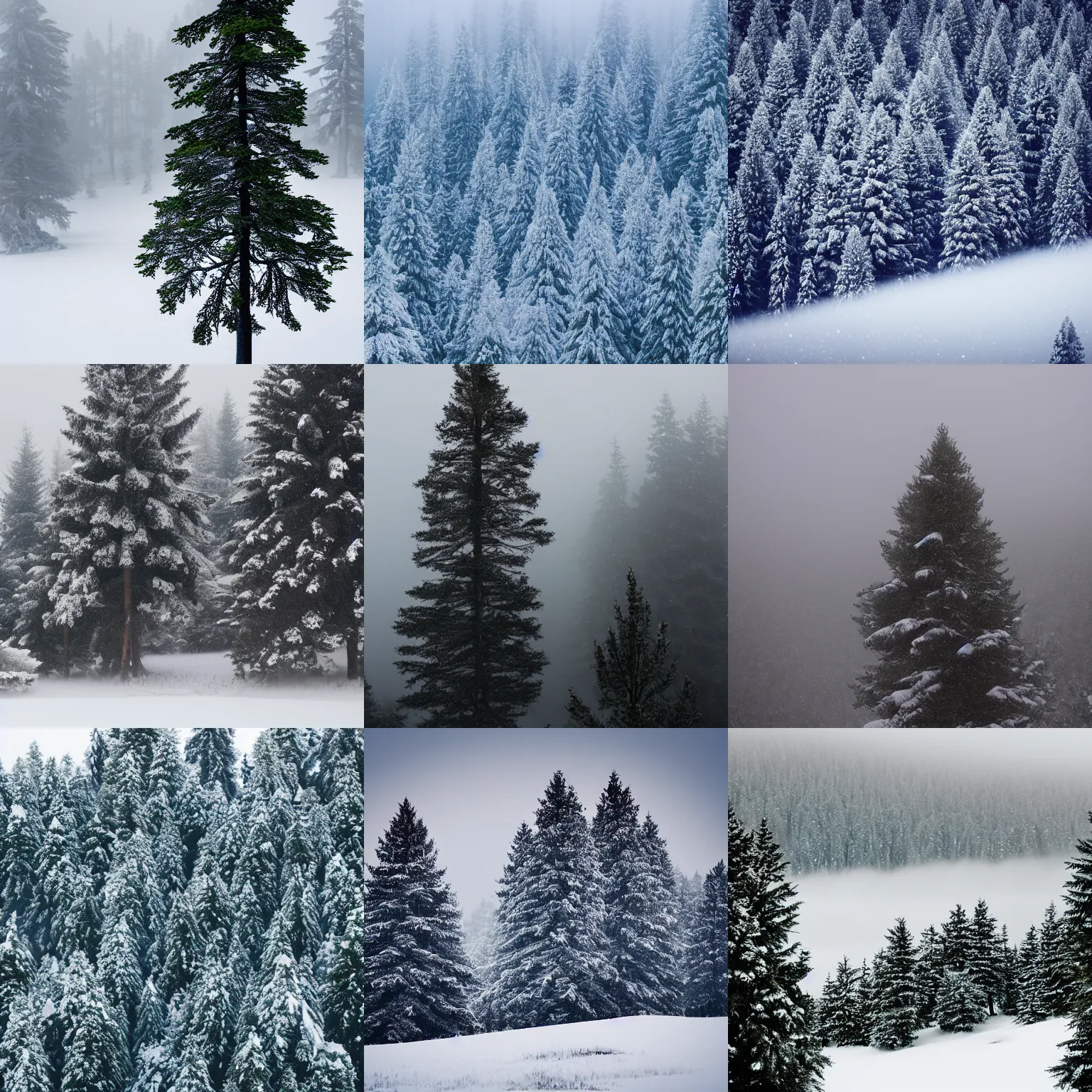 Image similar to snowy pine tree landscape, foggy mountain