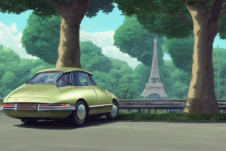 Image similar to a wholesome beautiful animation key shot of!! one!! focused!! 1 9 7 4 citroen ds!! in a tree lined paris street, slight view of eiffel tower, medium shot, studio ghibli, ( pixar ) and disney animation, sharp, very detailed, high resolution, rendered in unreal engine 5, anime key art by greg rutkowski, bloom, dramatic lighting