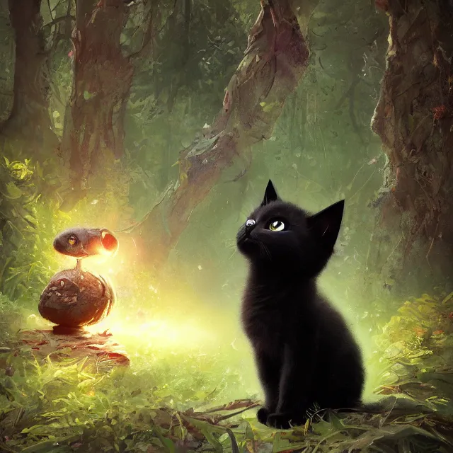 Prompt: a beautiful painting of a cute black kitten in a forest. big eyes. pixar character design by cory loftis, fenghua zhong, ryohei hase, ismail inceoglu and ruan jia. artstation, volumetric light, detailed, photorealistic, rendered in octane