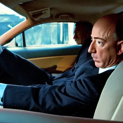 Image similar to jeff bezos as tim roth in reservoir dogs, bleeding in the back seat of the car holding his guts in, 3 5 mm film, high quality film, big screen, cinematic