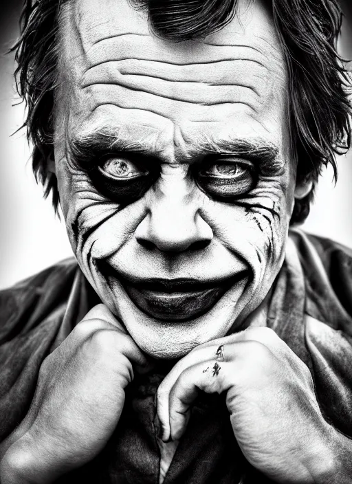 Prompt: photo of Mark Hamill as the Joker by Lee Jeffries and Eolo Perfido, bigsmile, detailed, award winning, Sony a7R