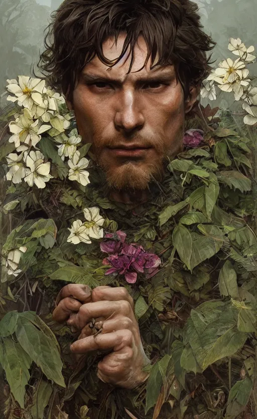 Image similar to god of the forest, rocksteady, rugged, handsome, male, detailed face, clean lines, atmospheric lighting, amazing, full body, thighs, flowers, muscular, intricate, highly detailed, digital painting, deviantart, concept art, sharp focus, illustration, art by greg rutkowski and alphonse mucha
