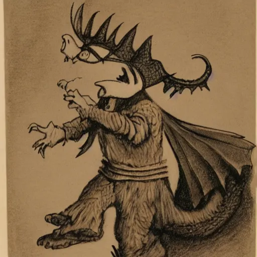 Prompt: by alfred parsons, by peter sculthorpe spirited. a drawing of a young boy disguised as a dragon. the boy is shown wearing a costume with dragon - like features, including a long tail, wings, & horns. he has a large grin on his face, suggesting that he is enjoying his disguise.