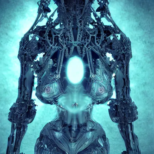 Image similar to machine elfs, abstract, decay, giger textures, ghostly figure, morphing skulls, bone and teeth with cosmic circuitry and futuristic technology rearranging body form, abstract, voodoo, ultra realistic, hyper realism, 1 2 k, epic, octane render, unreal engine, vfx, maya, alex grey