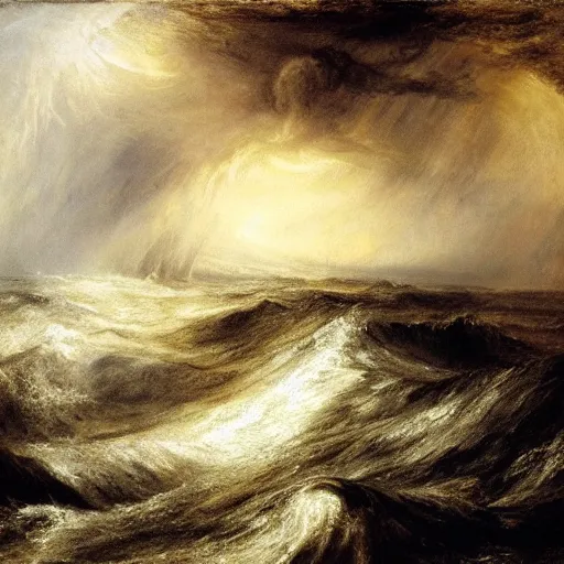 Prompt: giant kraken with huge tentacles dancing on the waves of a stormy ocean under a dramatic sky, by jmw turner
