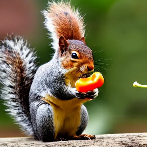 Image similar to a photograph of a Squirrel winces in disgust whilst holding a pepper