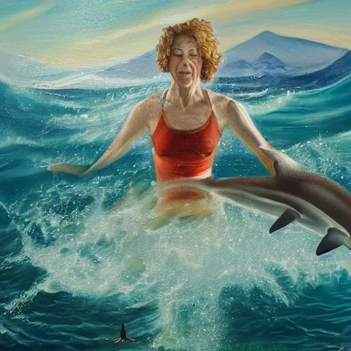 Image similar to masterful oil painting of an athletic woman in her fifties with curly brown hair, swimming in the middle of a rough sea surrounded by sharks, above her, in the night sky there is a star.