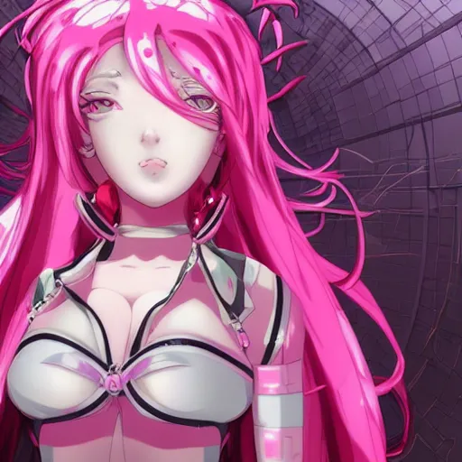 Prompt: stunningly beautiful omnipotent megalomaniacal anime ai goddess who looks like junko enoshima with symmetrical perfect face and porcelain skin, pink twintail hair and cyan eyes, traps you inside her inescapable full dive vr prison where she controls you completely!!!, hyperdetailed, digital art from danganronpa, unreal engine 5, 8 k