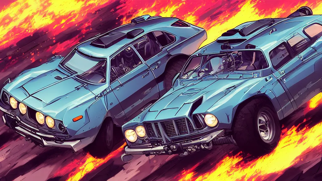 Image similar to anime illustration of mad max's fj 4 0 pursuit special, the last v 8 interceptor driving down to the gates of valhalla highway, riding fury road eternal shiny and chrome, world of fire and blood, by makoto shinkai, ilya kuvshinov, lois van baarle, rossdraws, basquiat, global illumination ray tracing hdr