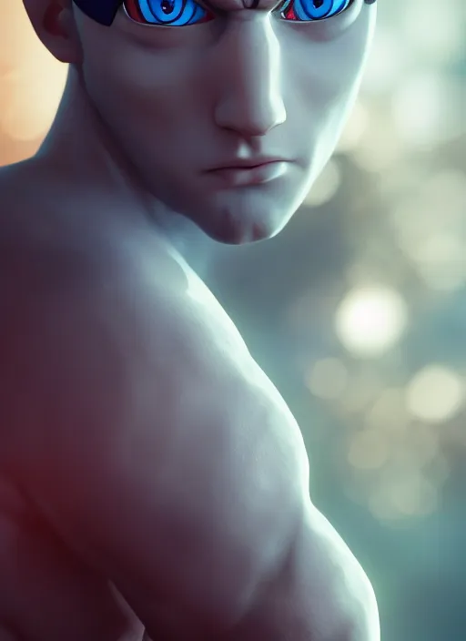 Image similar to Realistic Saitama blue eyes, artistic pose, light atmosphere, cinematic shot, intricate, ornate, photorealistic, ultra detailed, realistic, 100mm, photography, octane, high definition, depth of field, bokeh, 8k, artstation