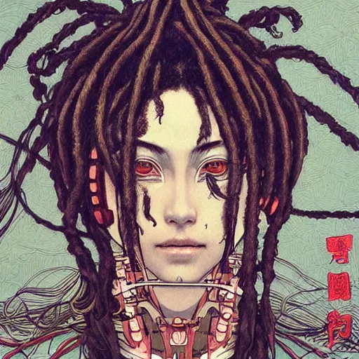 Prompt: a beautiful ukiyo painting of robot with dreadlocks, wearing space techwear, detailed symmetrical close up portrait, intricate complexity, by takato yamamoto, wlop, krenz cushart. cinematic dramatic atmosphere, sharp focus