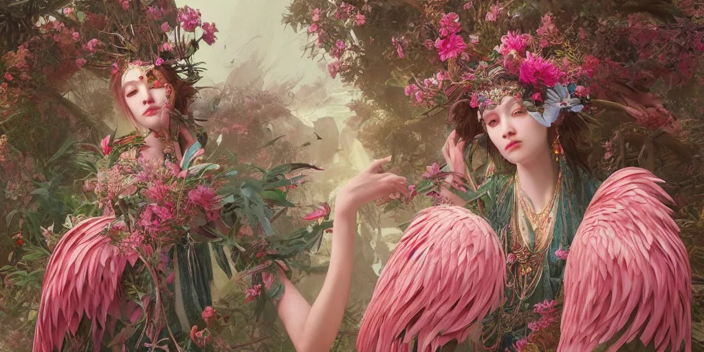 Image similar to breathtaking detailed concept art painting of the goddess of flamingo, orthodox saint, with anxious, piercing eyes, ornate background, amalgamation of leaves and flowers, by Hsiao-Ron Cheng and John James Audubon, extremely moody lighting, 8K