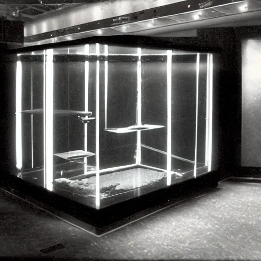 Image similar to spooky creepy liminal space, display case, aquatic exhibition science museum, dusty slightly cracked aquarium, computer screens, photo taken on fujifilm superia