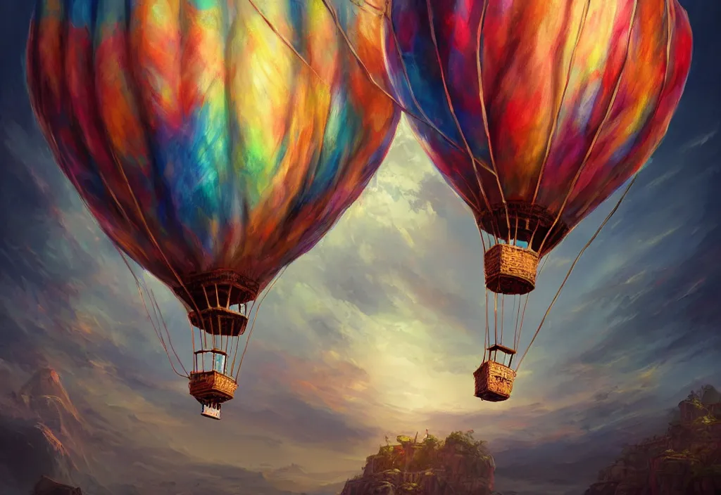 Prompt: old colorful air balloon, epic fantasy, detailed, intricate, digital painting, concept art, realistic, smooth, focus, rim light