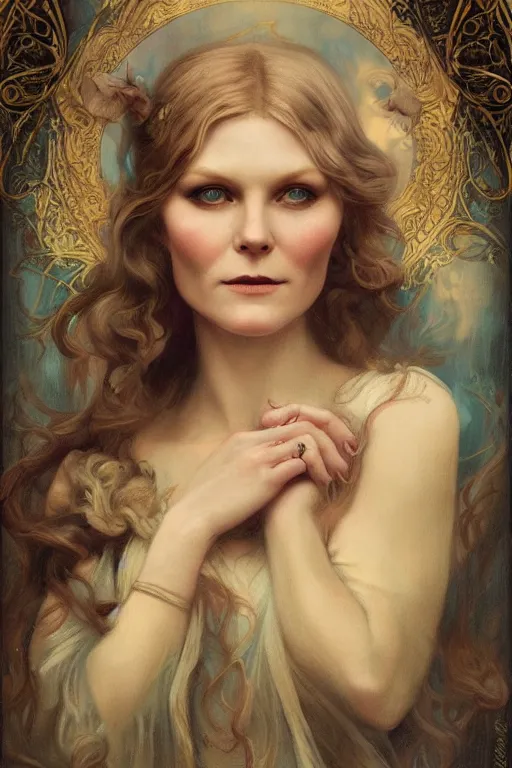 Image similar to Kirsten Dunst by Tom Bagshaw in the style of Gaston Bussière, art nouveau