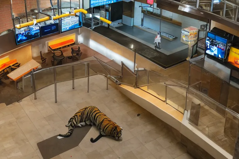 Prompt: overhead view, surveillance, a large adult tiger walking around inside of an empty fast food restaurant lobby