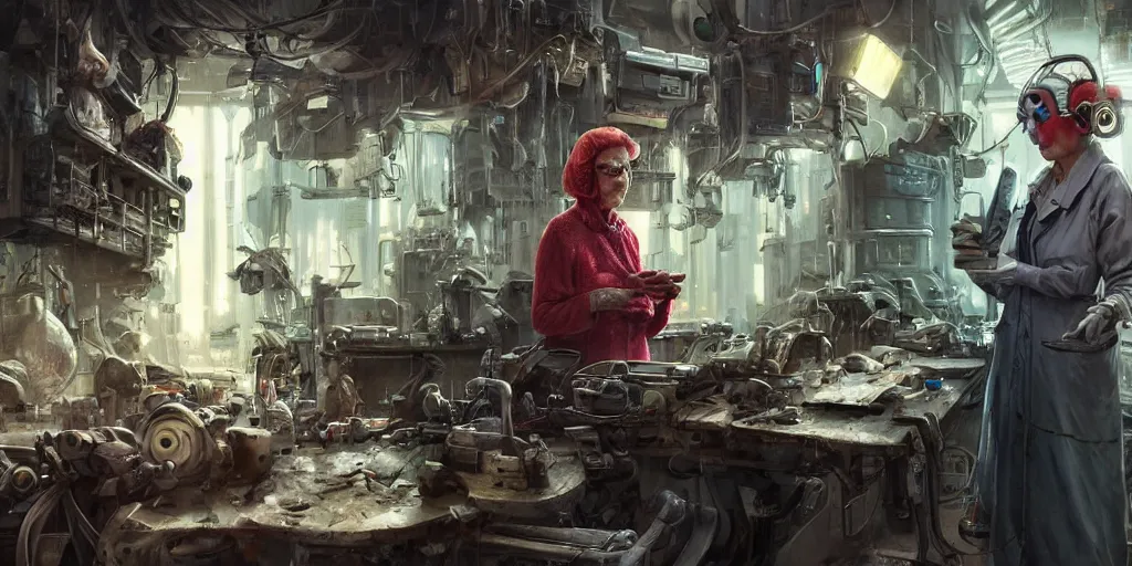 Image similar to an environmental concept art of an elderly woman cyberneticist in a messy workshop by artgerm and greg rutkowski, surgical implements, surgery theatre, robotic arm, blood spatter, highly detailed, cinematic, dramatic, cyberpunk, dieselpunk, scifi space station, horror, ( bladerunner 2 0 4 9, cyberpunk 2 0 7 7 )